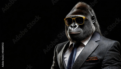 A gorilla in a suit is on a black background with copy space.