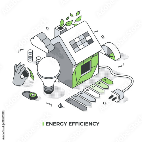 Energy-efficient house with solar panels, smart technology symbols, certification system chart and a green environment. Isometric style concept