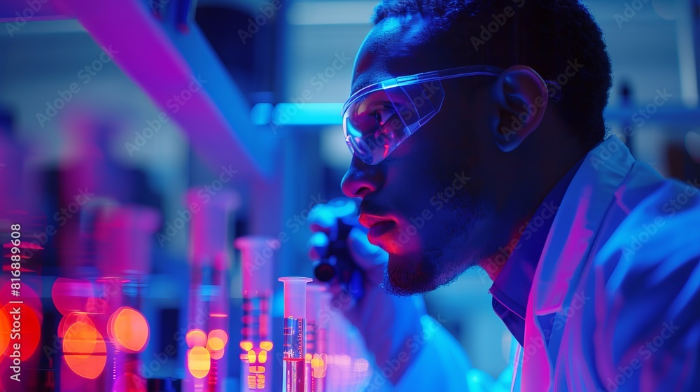 Scientist Conducting UV Fluorescence Experiment in Laboratory with Test Tubes and Safety Glasses Scientist Conducting UV Fluorescence Experiment in Laboratory with Test Tubes and Safety Glasses