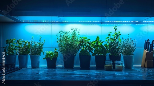 Kitchen Herb Garden Illuminated by UV Light for Enhanced Growth with Various Fresh Green Herbs in Pots on a Marble Countertop