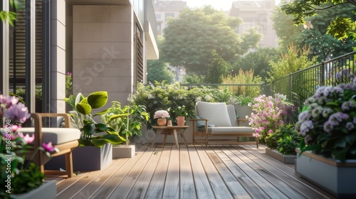 Stylish balcony terrace with cozy relaxing area, green plants, and outdoor furniture