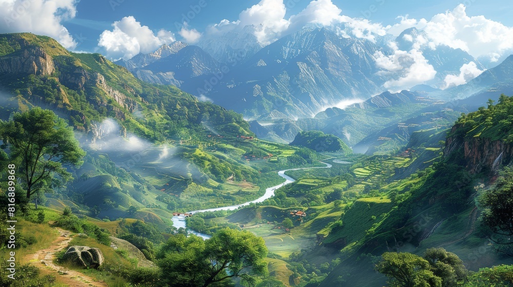A scenic mountain landscape with a winding river and a small village in the distance A scenic mountain landscape with a winding river and a small village in the distance