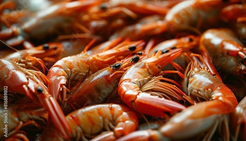 Various sea creatures like shrimp and crabs, arranged artistically or photographed in detail, create visually appealing compositions showcasing their unique characteristics.