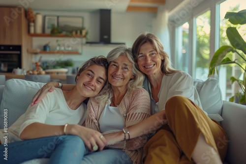 Happy family, three generations: grandmother, mother and daughter spending time together at home on the sofa in the living room.