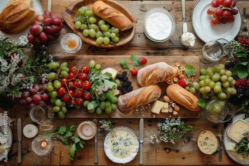 A rustic wooden table set with an assortment of fresh fruits  cheeses  and bread