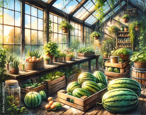 A watercolor-style illustration of muskmelons in a rustic greenhouse photo