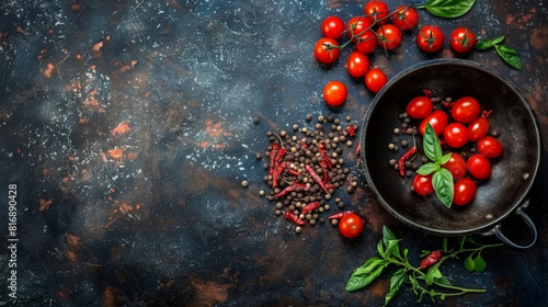 A frying pan filled with freshly cut tomatoes, fragrant herbs, and aromatic spices cooking on a stovetop. The ingredients sizzle as they release their flavors and aromas, creating a delicious meal