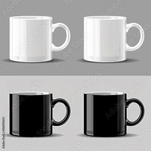 two blank white coffee mugs and two black coffee mugs on a gray background.