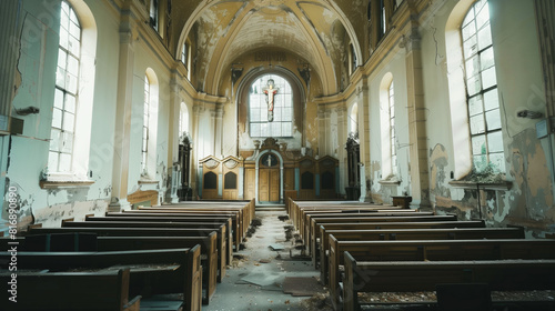 Interior of an abandoned church with deteriorating walls and cracked paint. Sunlight streams through partially broken windows  illuminating rows of empty pews.