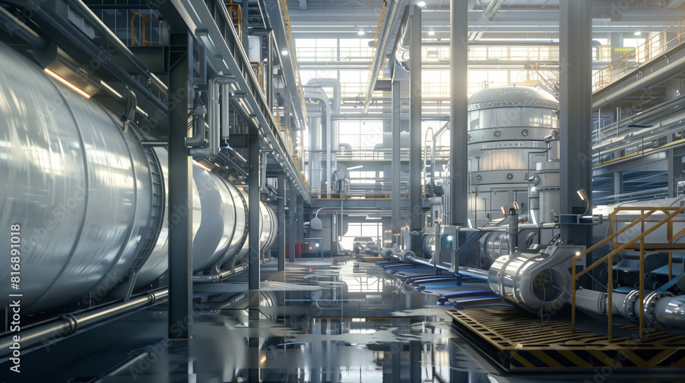 Industrial interior of a modern factory with large machinery, tanks, and pipes. The setting is clean and well-lit, reflecting a high-tech manufacturing environment. Industrial interior of a modern factory with large machinery, tanks, and pipes. The setting is clean and well-lit, reflecting a high-tech manufacturing environment.