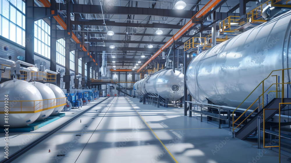 Fototapeta premium Spacious industrial factory interior with large metal tanks, piping systems, and industrial equipment. Bright lighting and organized layout for efficient manufacturing processes.