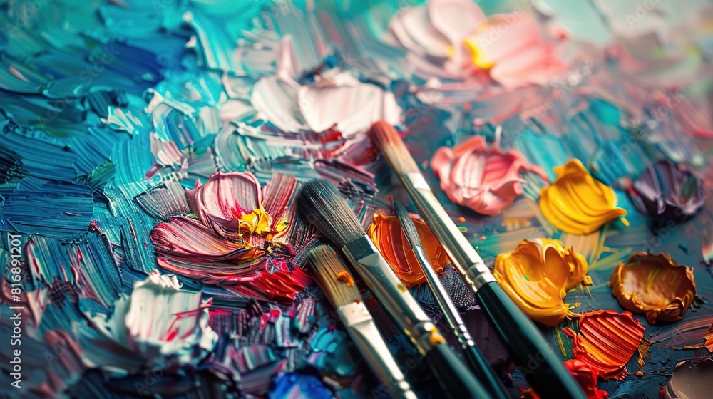 Fototapeta premium Oil paints and paintbrushes on an artist's palette and multicolored paint stains