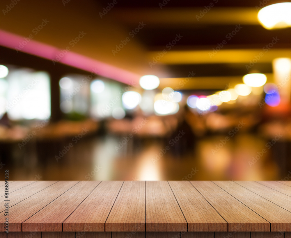 Empty wooden table top with lights bokeh on blur restaurant background.