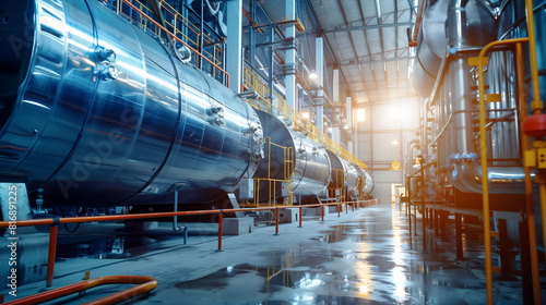 Industrial facility with large stainless steel tanks and pipes  lit by overhead lights. The modern factory setting has a clean  reflective floor and orange safety railings.