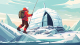 Eskimo fishing with igloo ice house style vector