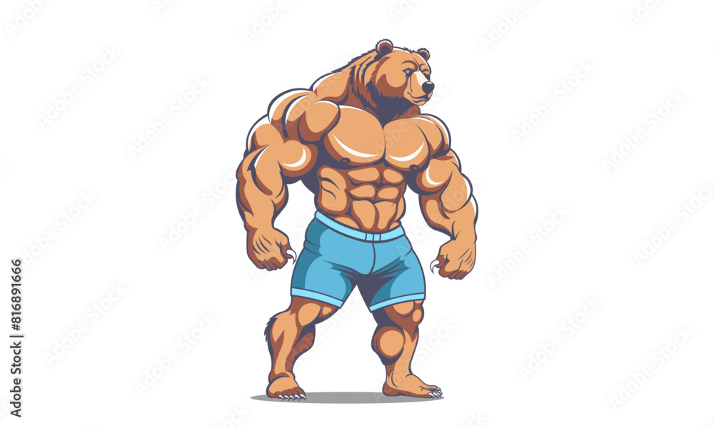 Vector cartoon huge angry brutal muscular strong Russian brown bear-bodybuilder with claws. Athlete in blue shorts. White isolated background. Vector cartoon huge angry brutal muscular strong Russian brown bear-bodybuilder with claws. Athlete in blue shorts. White isolated background.