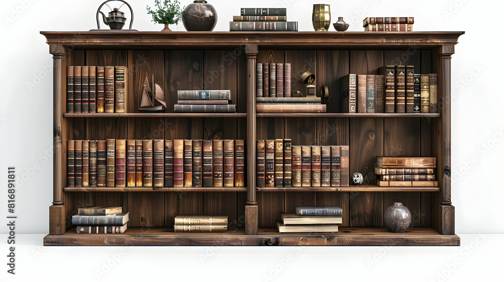 Photo realistic bookshelf isolated on white background, featuring classic design for organization, storage, and home decor. Perfect for interior design and lifestyle content. Ado Photo realistic bookshelf isolated on white background, featuring classic design for organization, storage, and home decor. Perfect for interior design and lifestyle content. Ado