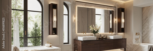 a luxurious bathroom featuring a spacious vanity area with two sinks and a large mirror. Emphasize elegance  functionality  and tranquility in the design. Incorporate premium materials