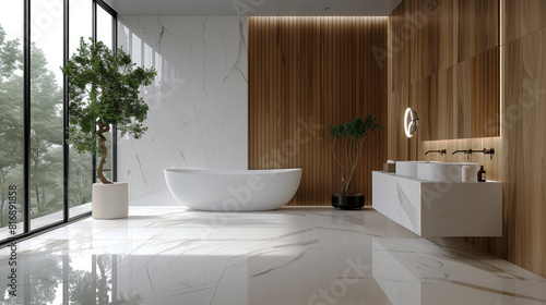 Luxurious modern bathroom with a freestanding white bathtub  large floor-to-ceiling windows  wooden accent walls  marble flooring  and contemporary fixtures.