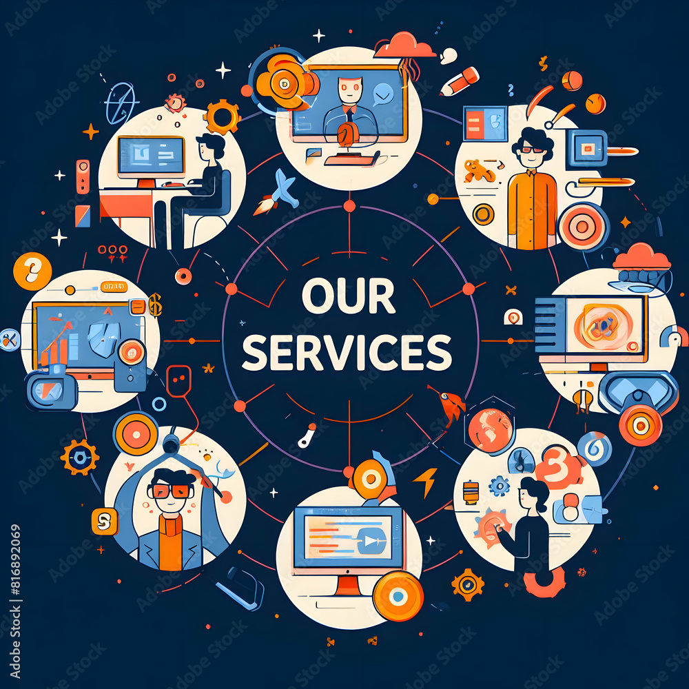 an image depicting a central title 'OUR SERVICES' surrounded an image depicting a central title 'OUR SERVICES' surrounded