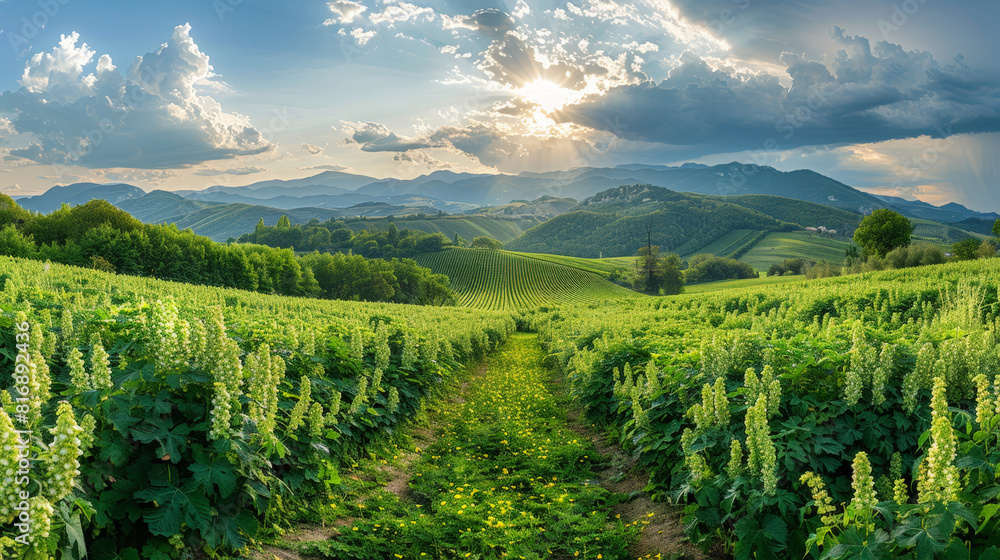 Naklejka premium A green field stretches out with mountains towering in the background under a clear blue sky. The field is lush and vibrant, contrasting with the rugged peaks in the distance