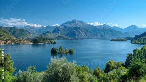 A panoramic view of a serene lake surrounded by mountains  with a clear blue sky