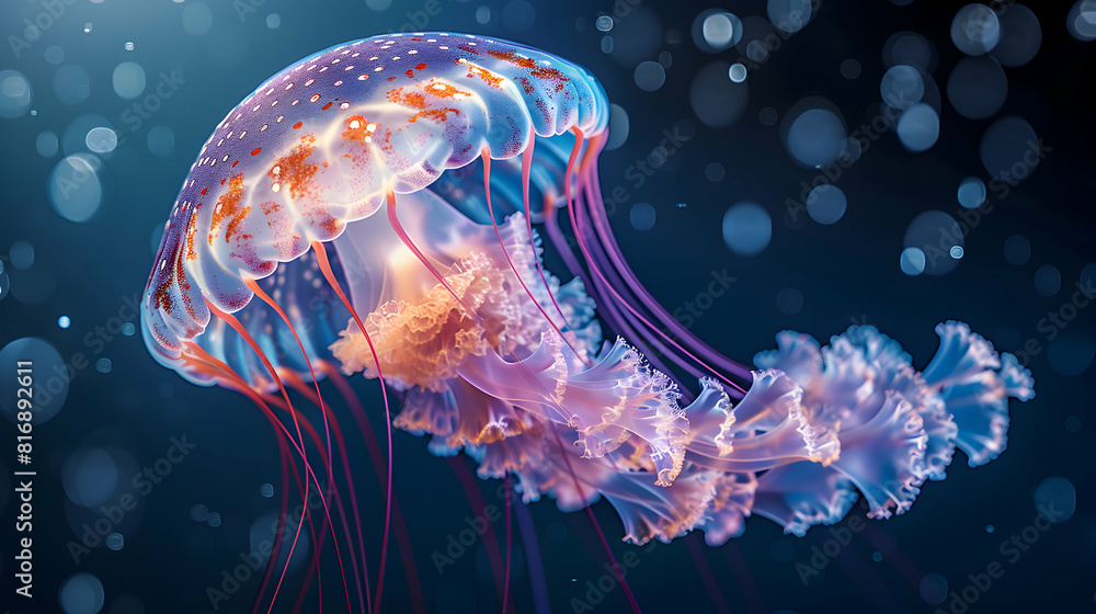 Underwater Beauty: Mesmerizing Jellyfish Close Up Capturing Translucent Elegance and Delicate Tentacles Ideal for Nature Marine Biology and Underwater Themes Underwater Beauty: Mesmerizing Jellyfish Close Up Capturing Translucent Elegance and Delicate Tentacles Ideal for Nature Marine Biology and Underwater Themes