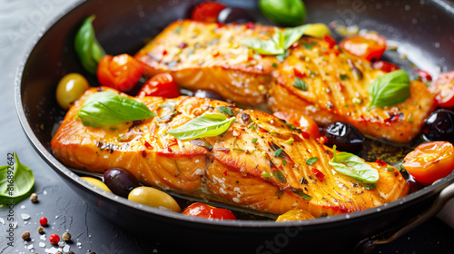 A close-up view of a deliciously cooked salmon dish garnished with fresh basil leaves, cherry tomatoes, olives, and spices in a pan, highlighting vibrant colors and textures.