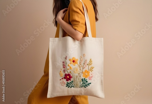 simple printed and Handcrafted jute tote bag with a single-color different tiny floral embroidered motif on the side panel mockup designs