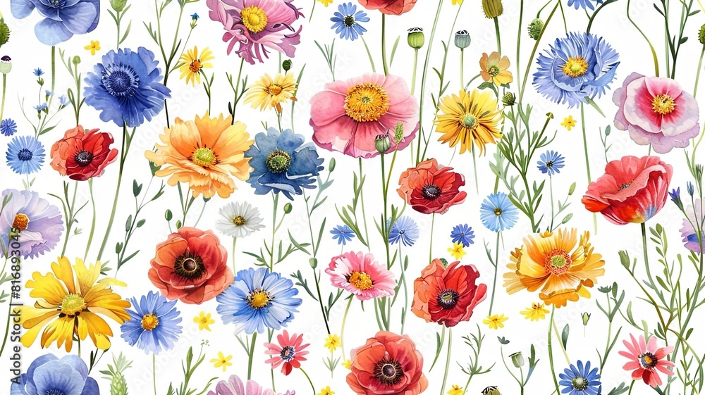 This seamless pattern features a mix of vibrant wildflowers, including daisies, poppies, and cornflowers.