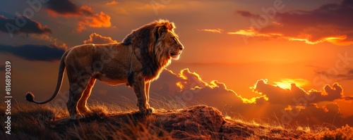 A majestic lion standing on a hill with a dramatic sunset in the background