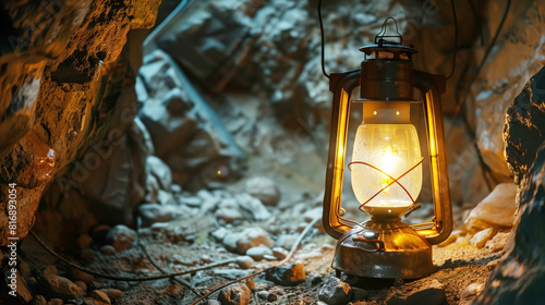 An old-fashioned lantern emitting warm light is placed on the ground inside a dimly lit cave with rocky walls and a pebble-strewn floor. © Natalia