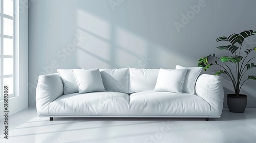 A white couch sits in a room with a large window