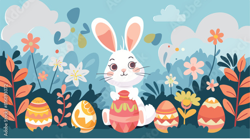 Flat Funny bunny with easter eggs style vector