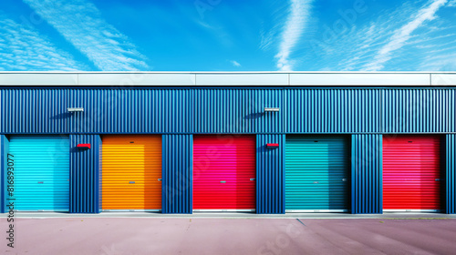 Colorful storage unit doors in a row, featuring vibrant hues of blue, orange, pink, green, and red against a blue corrugated metal wall and a bright blue sky.