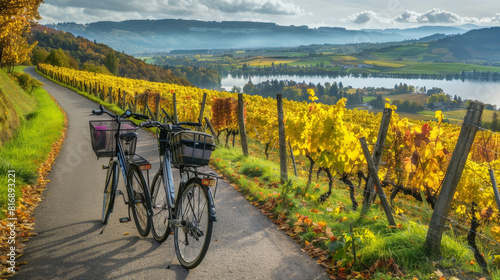 Two bicycles are parked on the side of a road with a scenic lake in the background. The bikes are standing still as if their riders have paused to admire the view