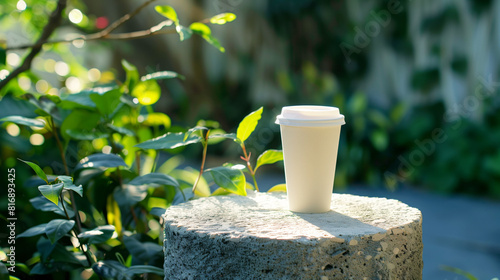 A disposable coffee cup with a lid sits on a concrete surface amidst lush green foliage  illuminated by natural sunlight.