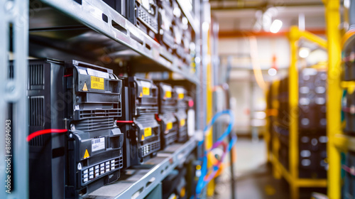 Close-up view of server racks and storage units in a data center with cables and hardware components, highlighting technology and infrastructure.