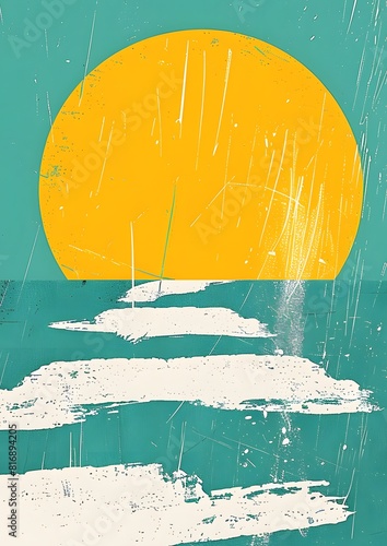 A painting of a sun and ocean with a brush stroke of white paint on the ocean