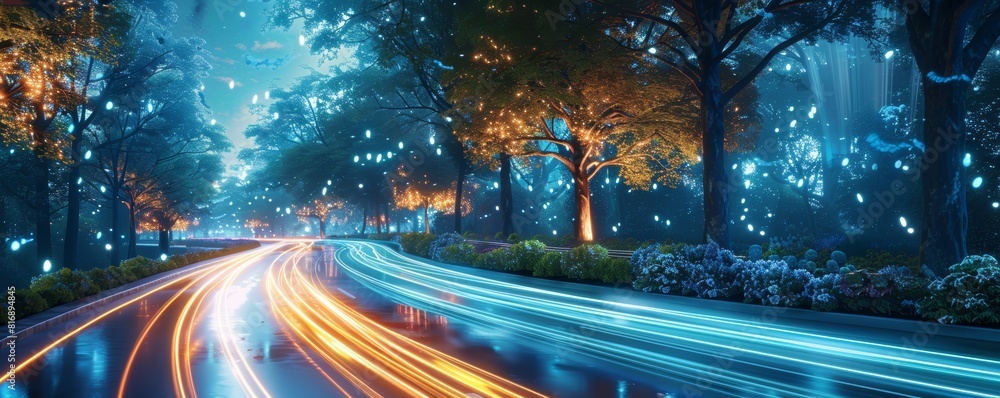 A highway where light trails are made of flowing water and leaves, blending nature and technology in a harmonious scene A highway where light trails are made of flowing water and leaves, blending nature and technology in a harmonious scene