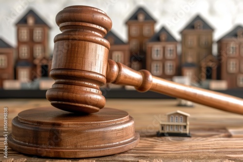 A highly detailed wooden gavel resting on a sound block, with miniature houses in the background, representing real estate law and justice
