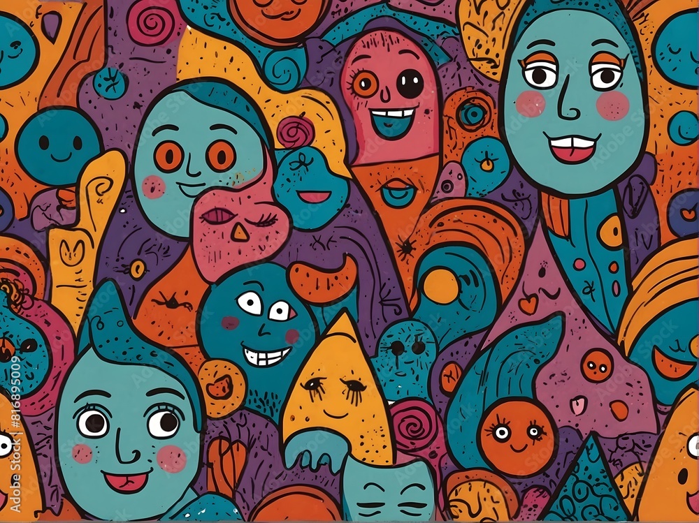 Naklejka premium Colorful illustrations seamless pattern of cartoon characters with colorful faces with many emotions.