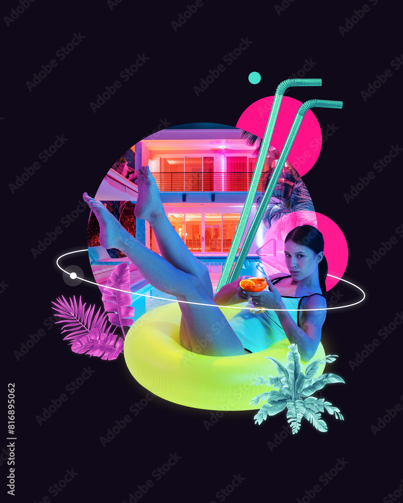 Contemporary art collage. Young lady at luxury vacation sitting in vibrant lifebuoy and drinks cocktail against black background. Concept of summer vibe, party, Friday mood. Abstract neon elements. Contemporary art collage. Young lady at luxury vacation sitting in vibrant lifebuoy and drinks cocktail against black background. Concept of summer vibe, party, Friday mood. Abstract neon elements.