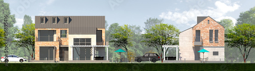 houses in the village, Facade illustraton of a modern single house in the forest photo