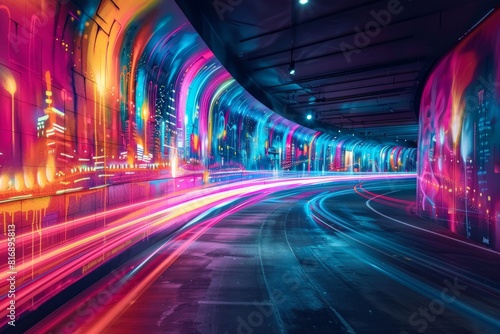 A graffitistyle mural of a highway with vibrant light trails, featuring street art elements and bold spray paint techniques