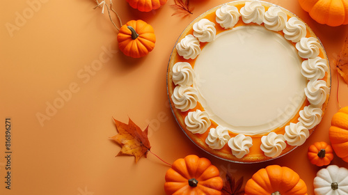 Flatlay Halloween fall pumpkin pie swirl cream round cake with frosting icing blank orange leaves background for modern October 31st party bakery banner kids decorating mock empty center for words 