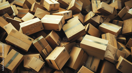 A large pile of cardboard boxes  indicating shipping  packaging  or moving. The boxes are various sizes and have shipping labels  symbolizing logistics and delivery.
