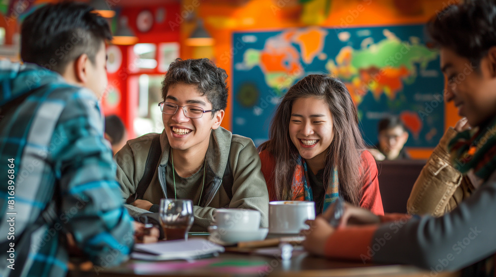 A lively depiction of young people from various countries sharing stories and laughter over coffee A lively depiction of young people from various countries sharing stories and laughter over coffee