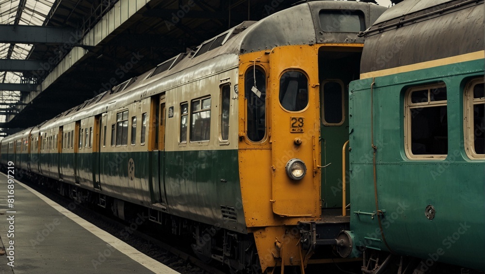 A long train with light beige, dark green, and yellow sections is at a station platform under a large metal structure.