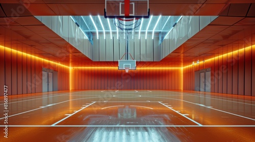 Empty basketball court with red walls and white lines for sports and design